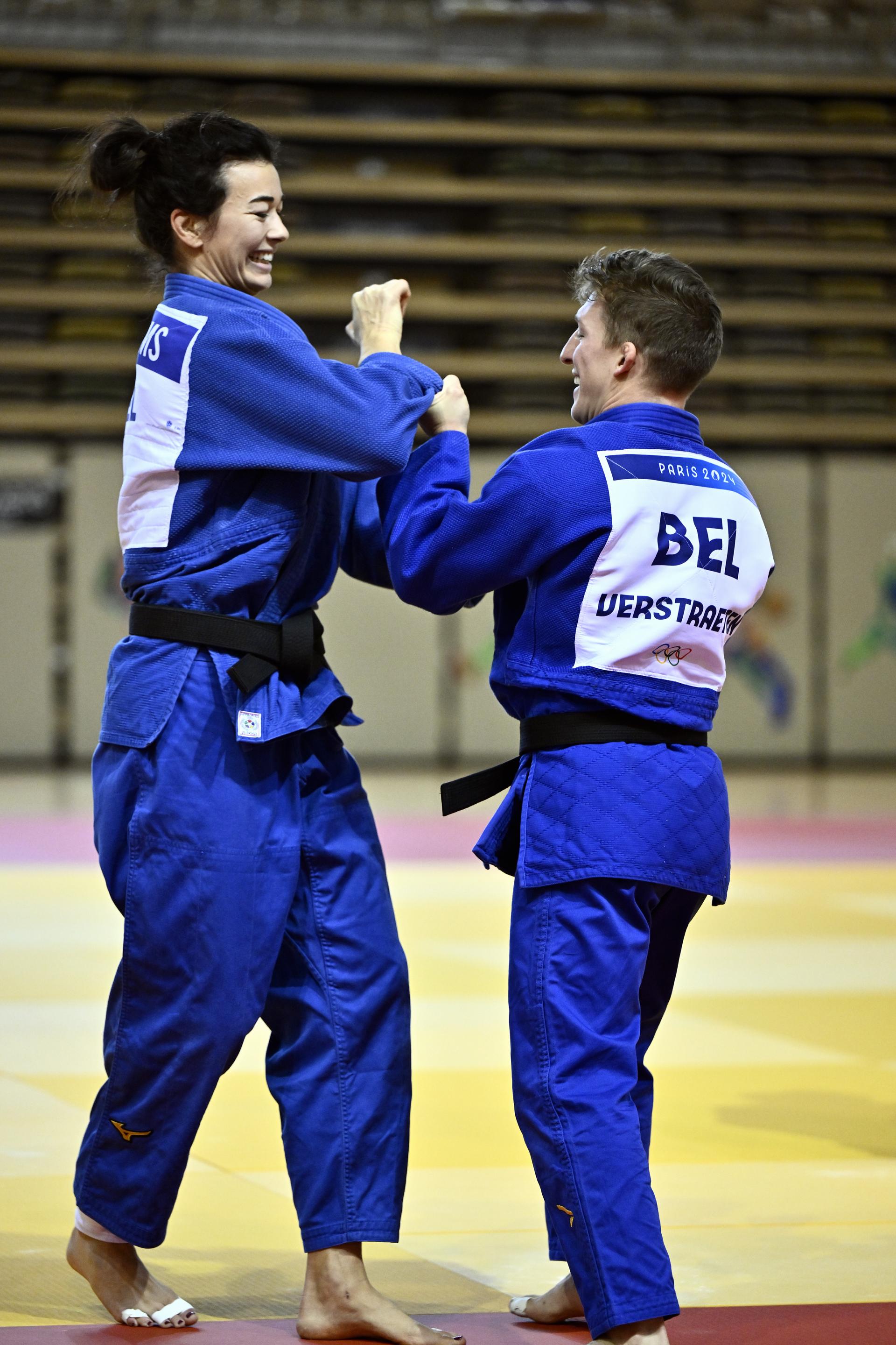 Belgian judoka Gabriella Willems and Belgian judoka Jorre Verstraeten pictured in action during the annual stage of Team Belgium (13-20/11), in Belek, Turkey, Thursday 14 November 2024, BELGA PHOTO ERIC LALMAND