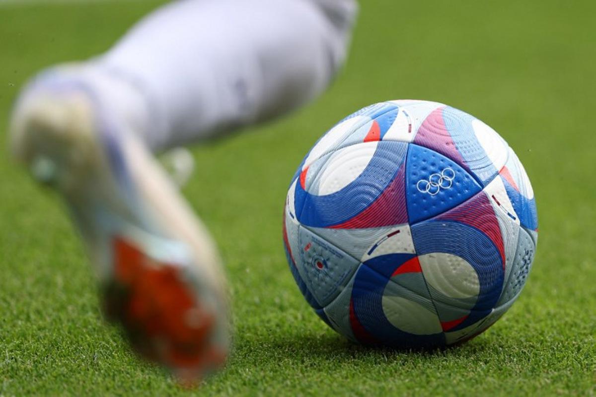 A photo shows a competition ball being played during the men's group C football match between Uzbekistan and Spain of the the Paris 2024 Olympic Games at the Parc des Princes in Paris on July 24, 2024. FRANCK FIFE / AFP