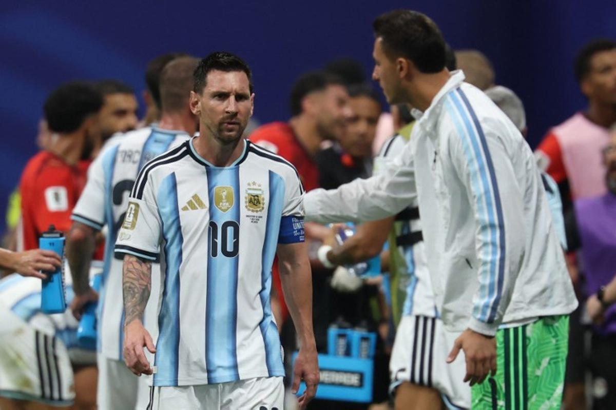 Argentina's forward #10 Lionel Messi reacts during the 2026 World Cup round of 16 football match between Argentina and Egypt at Atlanta Stadium in Atlanta on July 7, 2026. Odd ANDERSEN / AFP