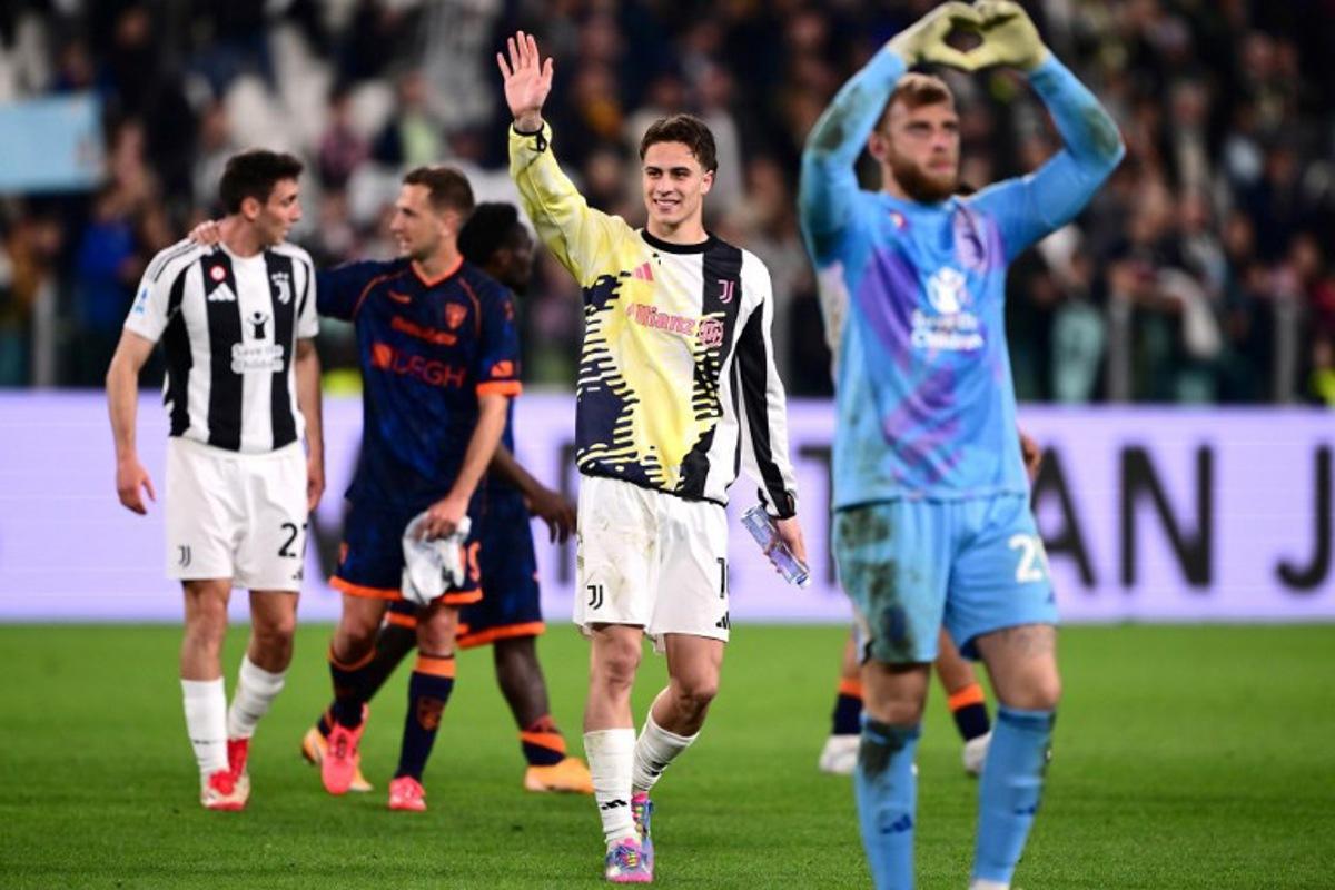 Juventus' Turkish midfielder #10 Kenan Yildiz (C) acknowledges the crowd as he celebrates his team's victory at the end of the Italian Serie A football match between Juventus and Lecce at the "Allianz Stadium" in Turin, on April 12, 2025. Juventus' Italian midfielder #05 Manuel Locatelli (C), Juventus' Italian goalkeeper #23 Carlo Pinsoglio (L) celebrate at the end of the Italian Serie A football match between Juventus and Lecce at the "Allianz Stadium" in Turin, on April 12, 2025. MARCO BERTORELLO / AFP