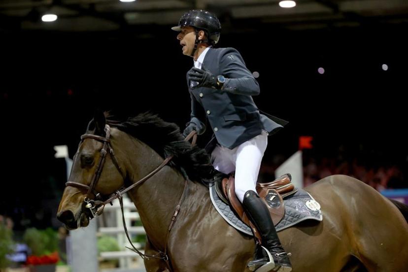 French' Julien Epaillard riding Donatello d'Auge reacts during the FEI World Cup Jumping event at the Parc des Expositions in Bordeaux, south-western France, on February 8, 2025. ROMAIN PERROCHEAU / AFP