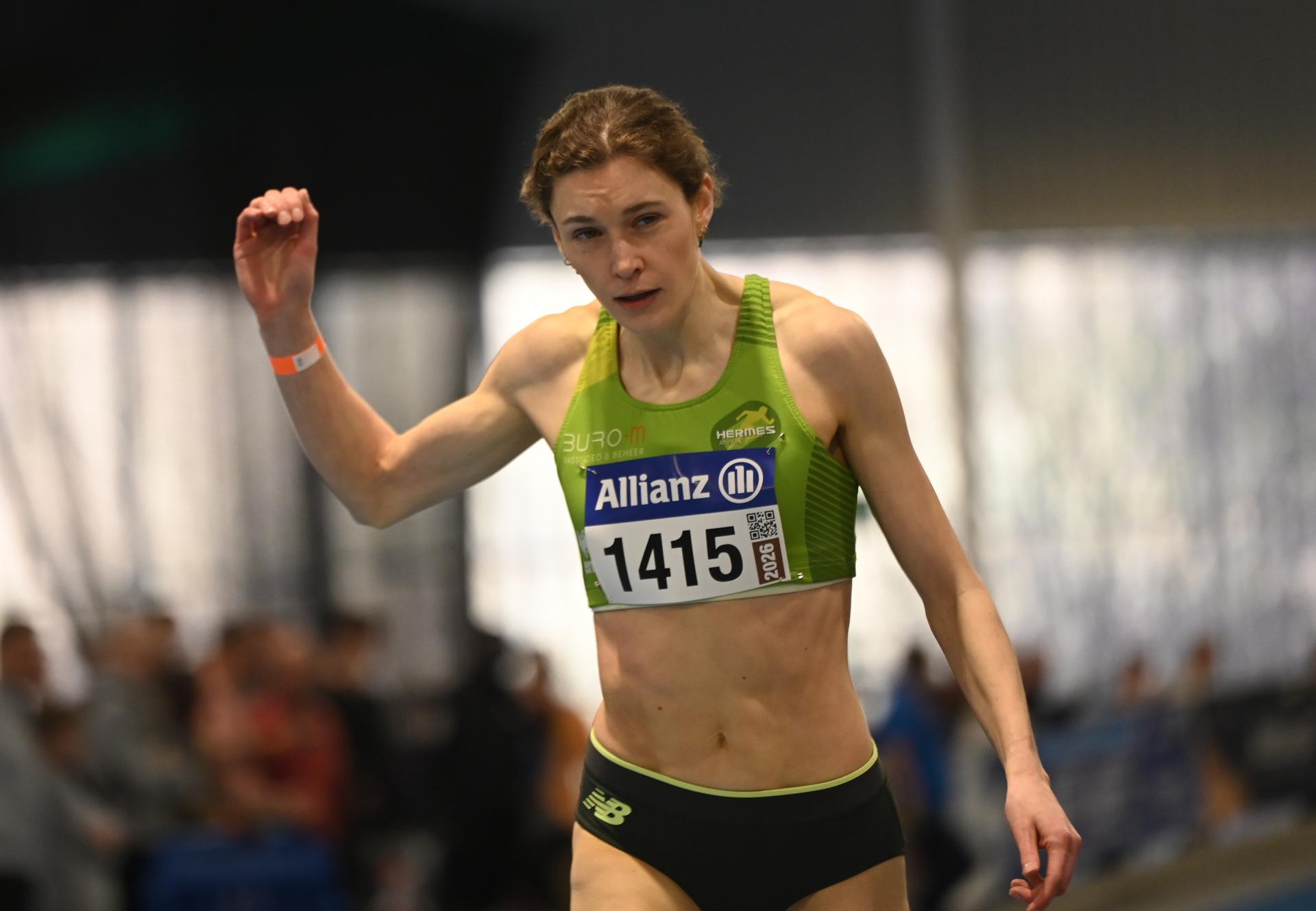 Belgian Helena Ponette finishes and qualify for the worlds with her time in the 400m race at the Belgian indoor athletics championships, on Sunday 01 March 2026 in Louvain-la-Neuve. BELGA PHOTO ELIAS ROM