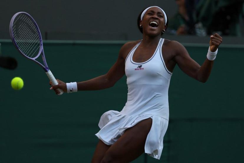 US player Coco Gauff celebrates winning against US player Claire Liu during their women's singles third round tennis match on the fifth day of the 2026 Wimbledon Championships at The All England Lawn Tennis and Croquet Club in Wimbledon, southwest London, on July 3, 2026. Adrian Dennis / AFP
