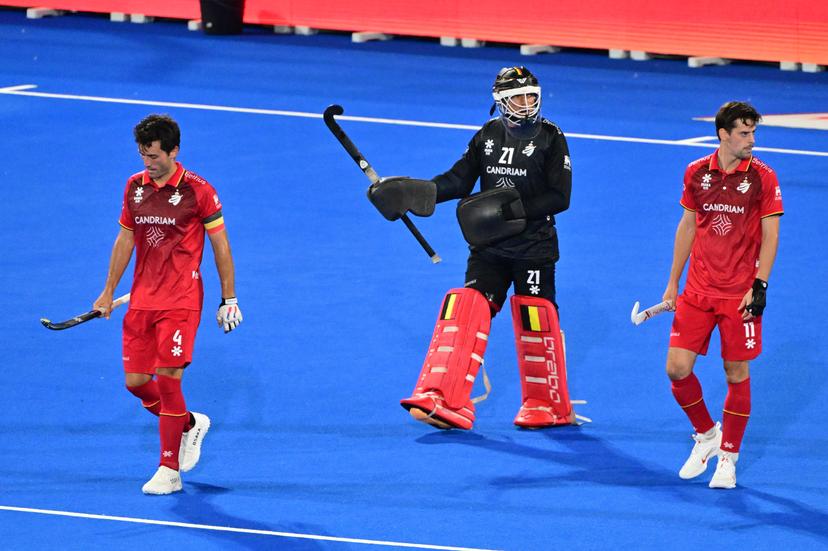 L-R, Belgium's Arthur Van Doren; Belgium's goalkeeper Vincent Vanasch and Belgium's Tommy Willems react after France scored at a hockey game between Belgium's Red Lions and France, the first (out of three) matches during the group stage of the men's 2026 Hockey World Cup, Saturday 15 August 2026 in Wavre. The 2026 edition of the Hockey World Cup takes place in Belgium and The Netherlands from August 15 to August 30. BELGA PHOTO DIRK WAEM