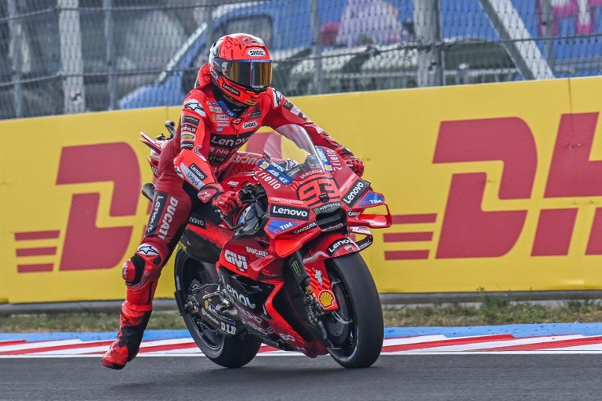Ducati Lenovo Team's Spanish rider Marc Marquez drives during the practice of motorcycle Hungarian Moto GP Grand Prix at the Balaton Park circuit in Balatonfokajar, Hungary, on August 22, 2025. ATTILA KISBENEDEK / AFP