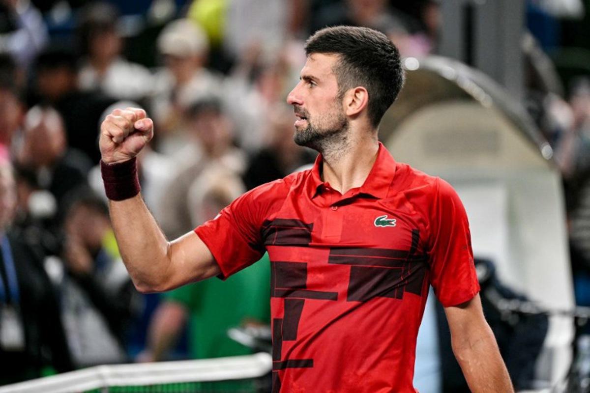 Serbia's Novak Djokovic celebrates after his victory against USA's Taylor Fritz at their men's singles semi-final match during the Shanghai Masters tennis tournament in Shanghai on October 12, 2024. HECTOR RETAMAL / AFP
