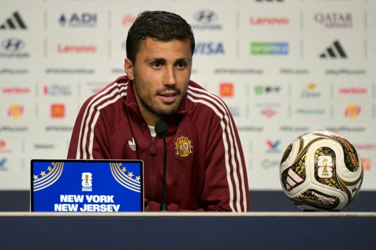 Spain's midfielder #16 Rodri gives a press conference two days ahead of the 2026 World Cup football tournament final match between Spain and Argentina at the Javits Center in New York on July 17, 2026. JUAN MABROMATA / AFP