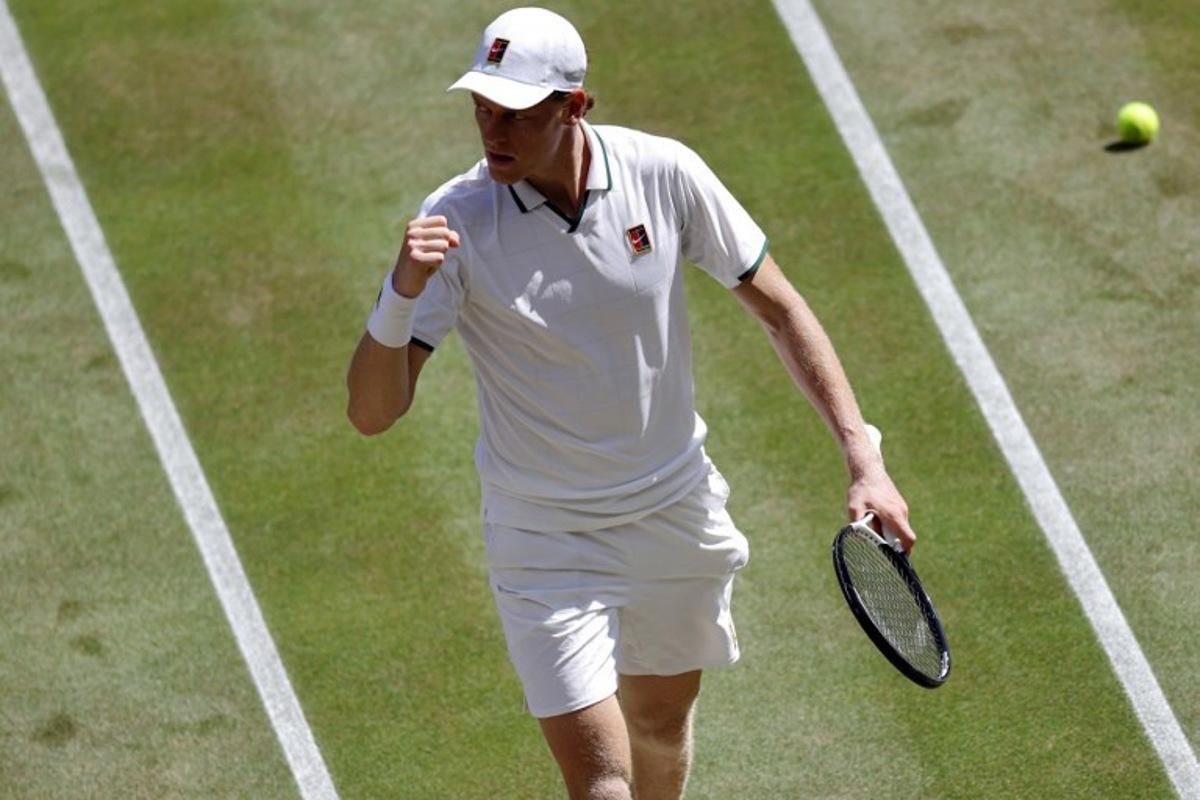 Italy's Jannik Sinner reacts as he plays against Germany's Jan-Lennard Struff during their men's singles quarter-final tennis match on the ninth day of the 2026 Wimbledon Championships at The All England Lawn Tennis and Croquet Club in Wimbledon, southwest London, on July 7, 2026. Henry NICHOLLS / AFP