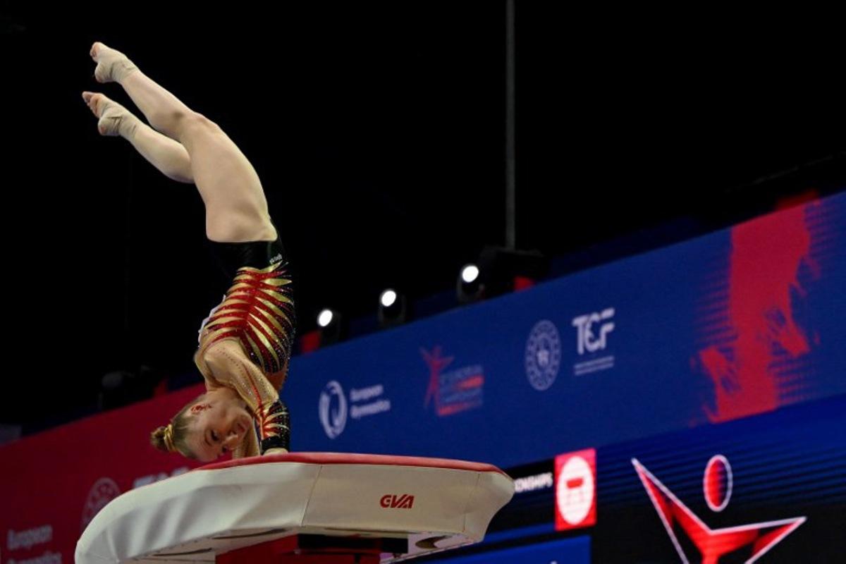 Belgium's Lisa Vaelen performs during the women's vault final at the 2023 Artistic Gymnastics European Championships in Antalya, on April 15, 2023. OZAN KOSE / AFP