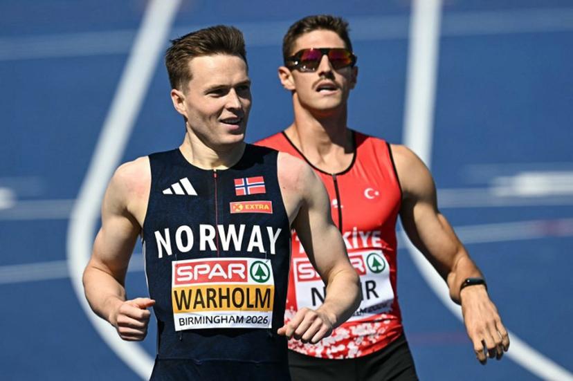 Norway's Karsten Warholm celebrates after arriving first in the men's 400m hurdles semi-final 3 during the European Athletics Championships at Alexander Stadium in Birmingham on August 12, 2026. Paul ELLIS / AFP