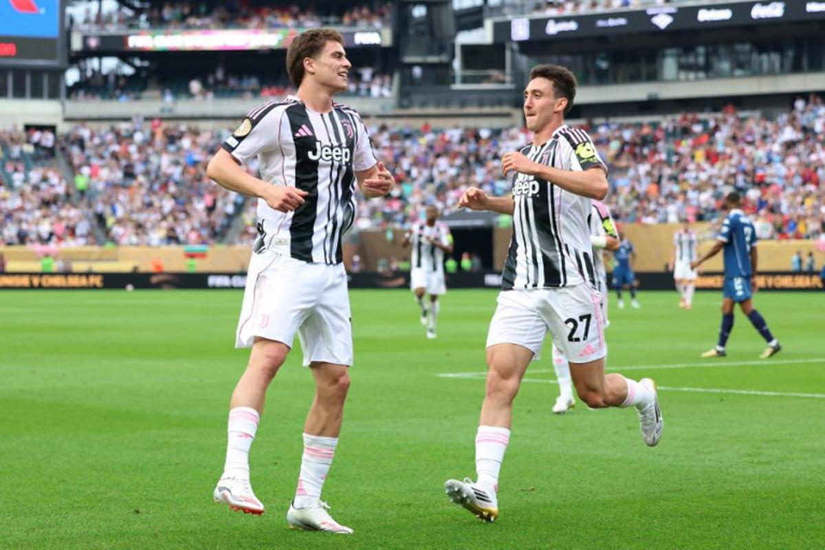 Juventus' Turkish midfielder #10 Kenan Yildiz (L) celebrates next to teammate Italian defender #27 Andrea Cambiaso after scoring his team's second goal during the FIFA Club World Cup 2025 Group G football match between Italy's Juventus and Morocco's Wydad AC at the Lincoln Financial Field stadium in Philadelphia on June 22, 2025. CHARLY TRIBALLEAU / AFP