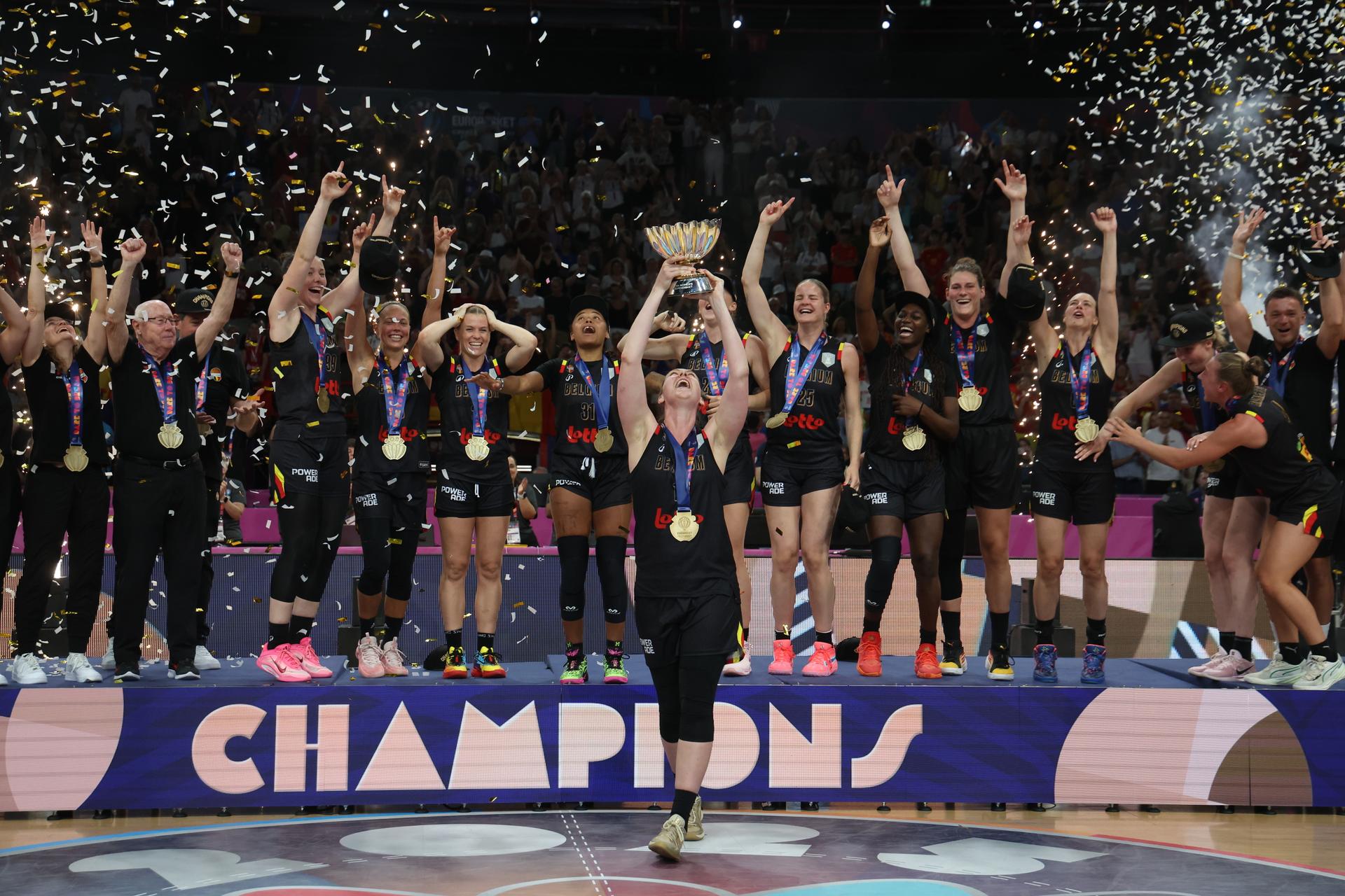 Belgium's captain Emma Meesseman celebrates this the cup on the podium after winning a basketball match between Spain and Belgian national team 'the Belgian Cats' on Sunday 29 June 2025 in Piraeus, Greece, the final of the FIBA Women's EuroBasket 2025. BELGA PHOTO VIRGINIE LEFOUR