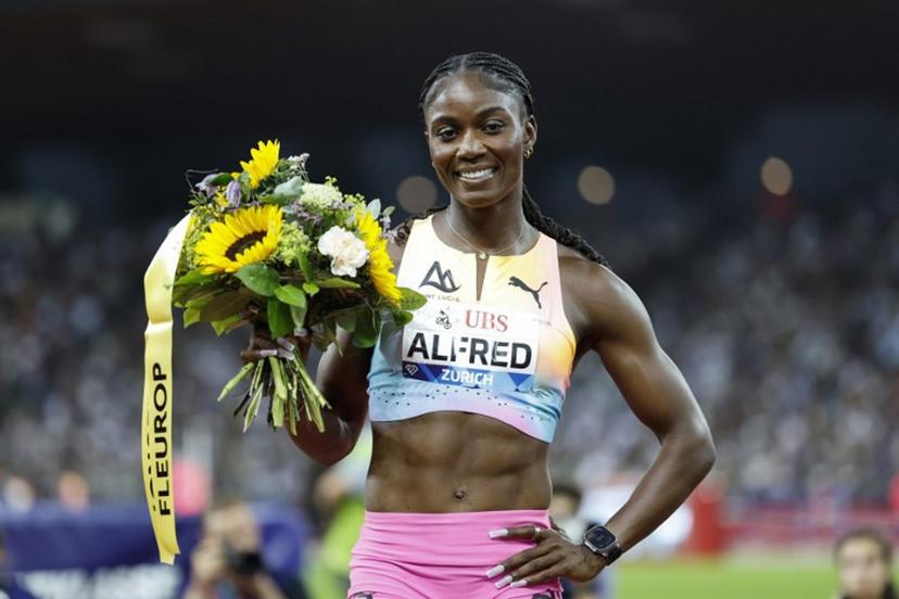 Saint Lucia's Julien Alfred celebrates after winning the women's 100m during the IAAF Diamond League athletics meeting, at the Letzigrund Stadium, in Zurich on August 27, 2026. Stefan Wermuth / AFP