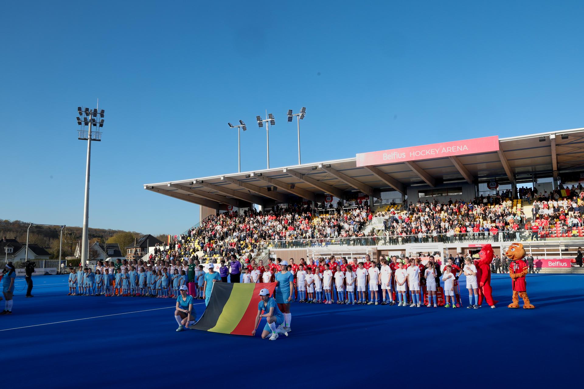 Netherlands and Belgium's teams pictured before a friendly game between Belgium national women team Red Panthers and The Netherlands, at the new Belfius Arena, in Wavre, Wednesday 01 April 2026. The stadium is the first facility of its kind in Belgium to be entirely dedicated to field hockey and will host the FIH Hockey World Cup 2026. BELGA PHOTO VIRGINIE LEFOUR