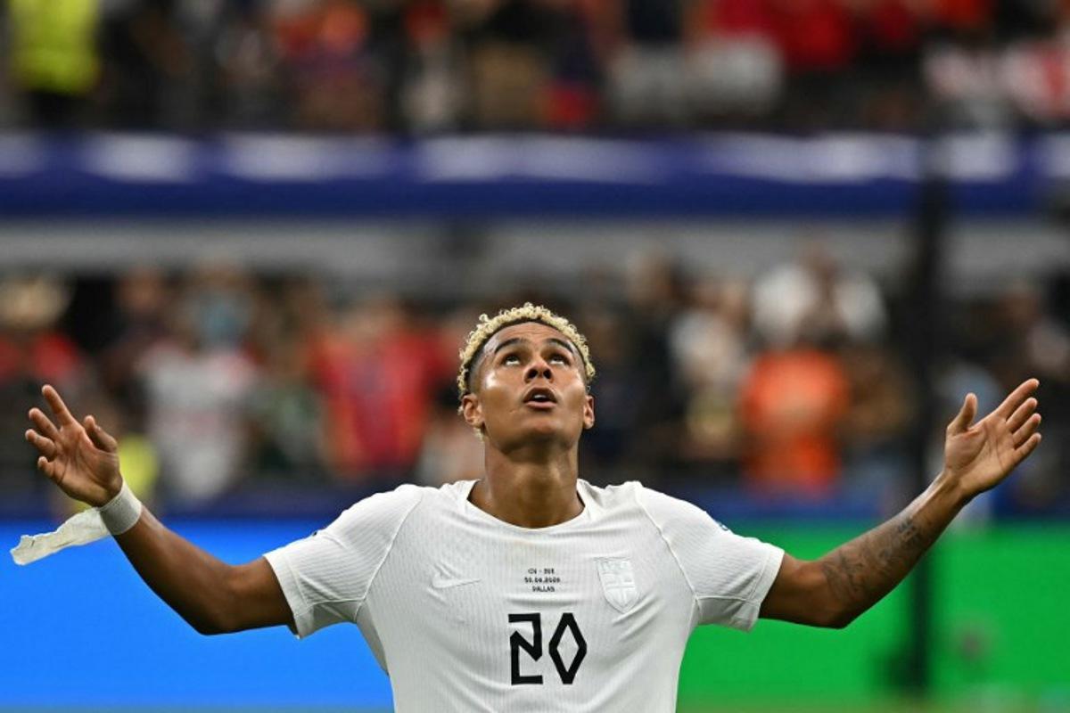Norway's midfielder #20 Antonio Nusa celebrates after scoring the opening goal during the 2026 World Cup round of 32 football match between Ivory Coast and Norway at the Dallas Stadium in Arlington on June 30, 2026. Paul ELLIS / AFP