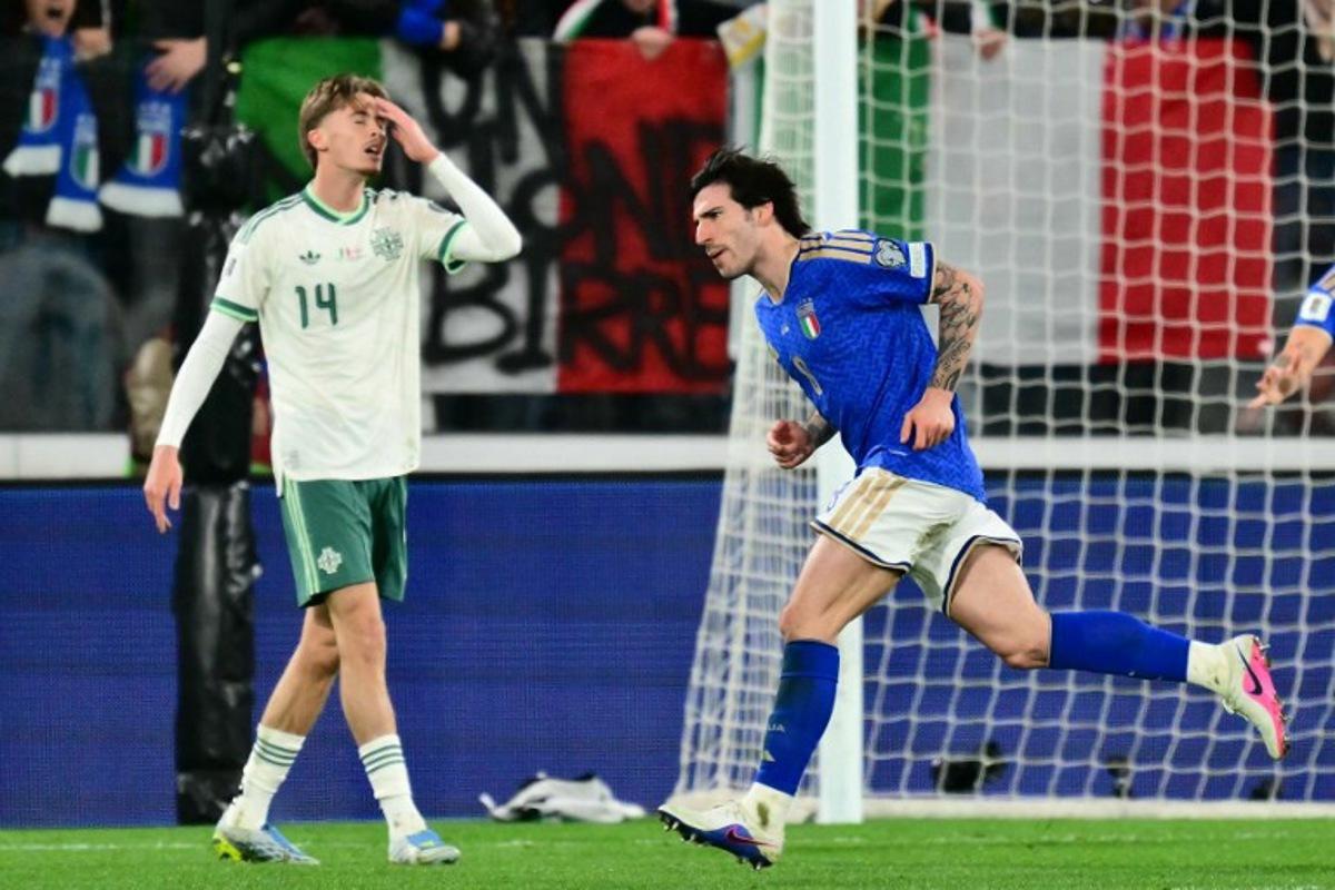 Italy's midfielder #08 Sandro Tonali celebrates scoring his team's first goal during the play-off FIFA World Cup 2026 European qualification semi-final football match between Italy and North Ireland at the Gewiss stadium in Bergamo, on March 26, 2026. Stefano RELLANDINI / AFP