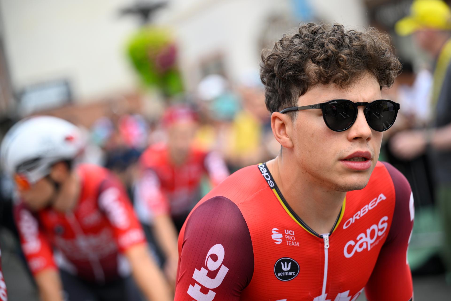 Belgian Arnaud De Lie of Lotto Cycling Team pictured at the start of stage 15 of the 2025 Tour de France cycling race, from Muret to Carcasonne (169 km), on Sunday 20 July 2025 in France. The 112th edition of the Tour de France starts on Saturday 5 July in Lille, France, and will finish in Paris, France on the 27th of July. BELGA PHOTO JASPER JACOBS
