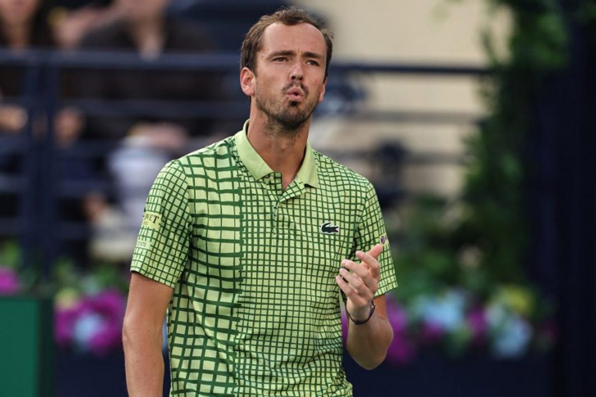 Russia's Daniil Medvedev reacts during his match against Canada's Felix Auger-Aliassime in the men's singles semi-final match at the Dubai Duty Free Tennis tournament in Dubai on February 27, 2026. Fadel SENNA / AFP