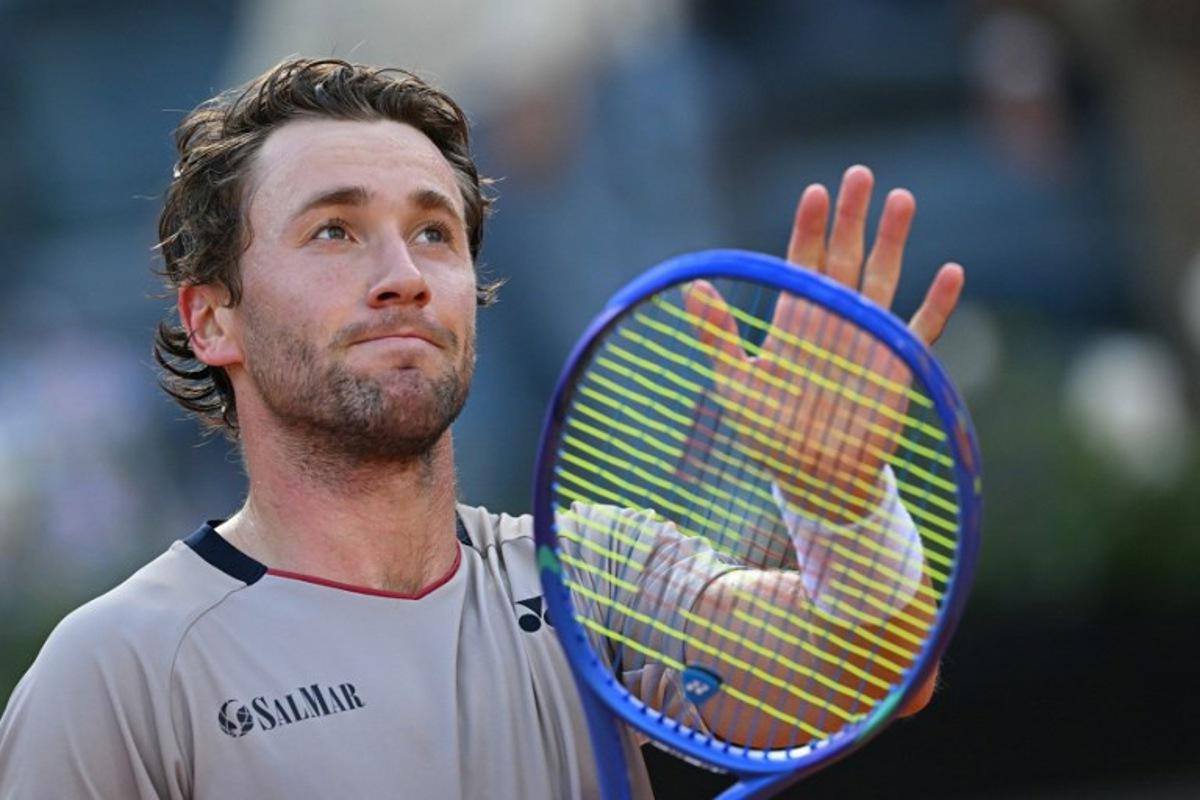 Norway's Casper Ruud celebrates after winning the semi-final against Italy's Luciano Darderi during the ATP Rome Open tennis tournament at Foro Italico in Rome on May 15, 2026. Tiziana FABI / AFP