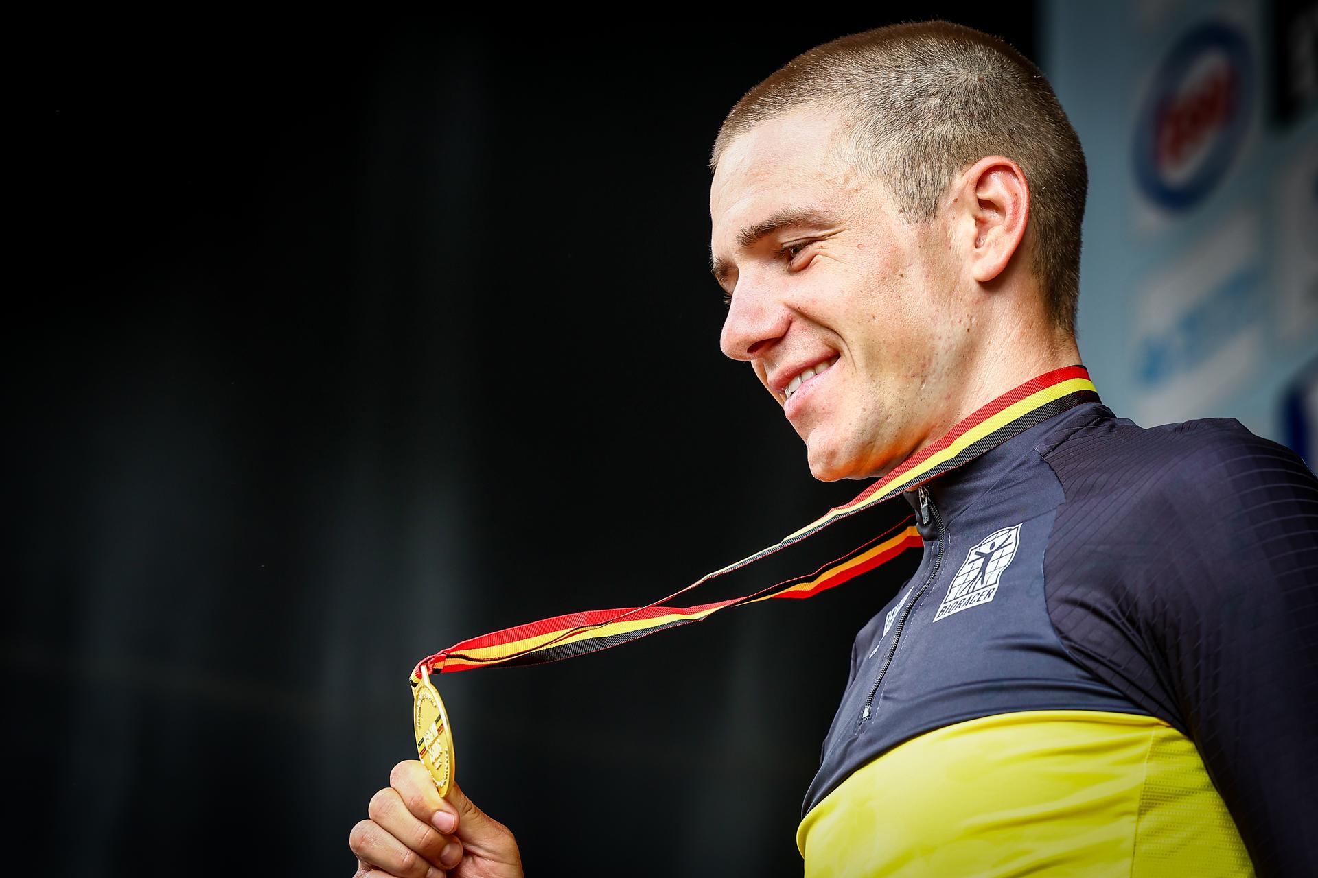 Belgian Remco Evenepoel of Soudal Quick-Step received his golden medal after winning the men's elite individual time trial of the Belgian Cycling Championships, 40,2km, in Brasschaat, on Friday 27 June 2025. BELGA PHOTO DAVID PINTENS