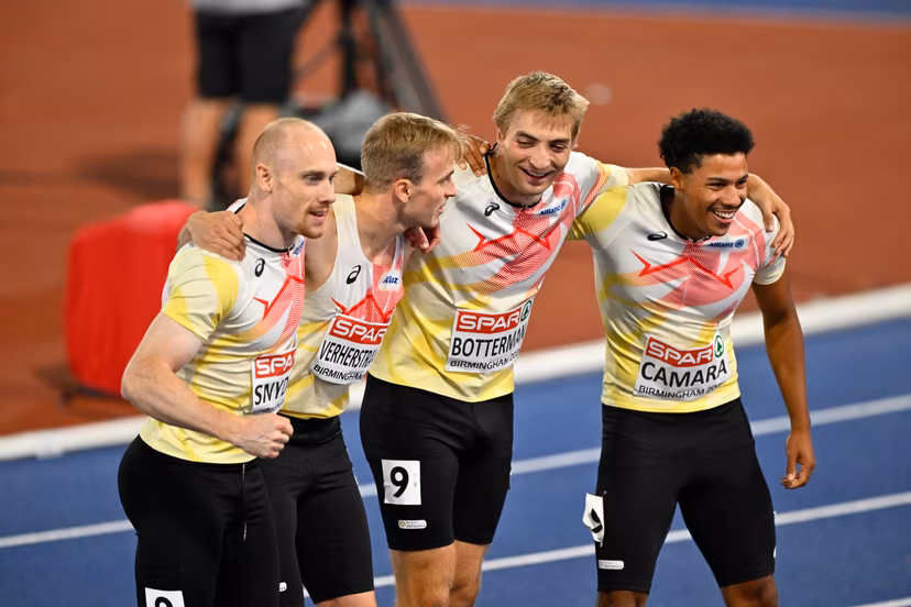 L-R, Belgian Antoine Snyders; Belgian Simon Verherstraeten; Belgian Emiel Botterman and Belgium's Ibrahim Camara celebrate after the final of the men's 4x100m relay race, on the seventh day of the European Athletics Championships (August 10-18) in Birmingham, United Kingdom, on Saturday 15 August 2026. Belgian team finished third and won a bronze medal. BELGA PHOTO ERIC LALMAND