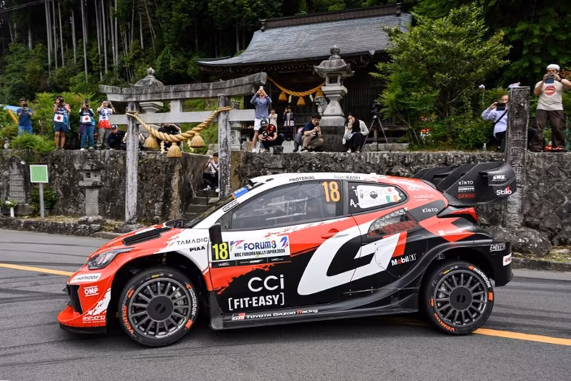 Takamoto Katsuta of Japan and his co-driver Aaron Johnston of Ireland drive their Toyota GR Yaris Rally1 during the SS16 Lake Mikawako section of the Rally Japan, the 7th round of FIA World Rally Championships, in Toyota city, Aichi prefecture on May 31, 2026. Toshifumi KITAMURA / AFP