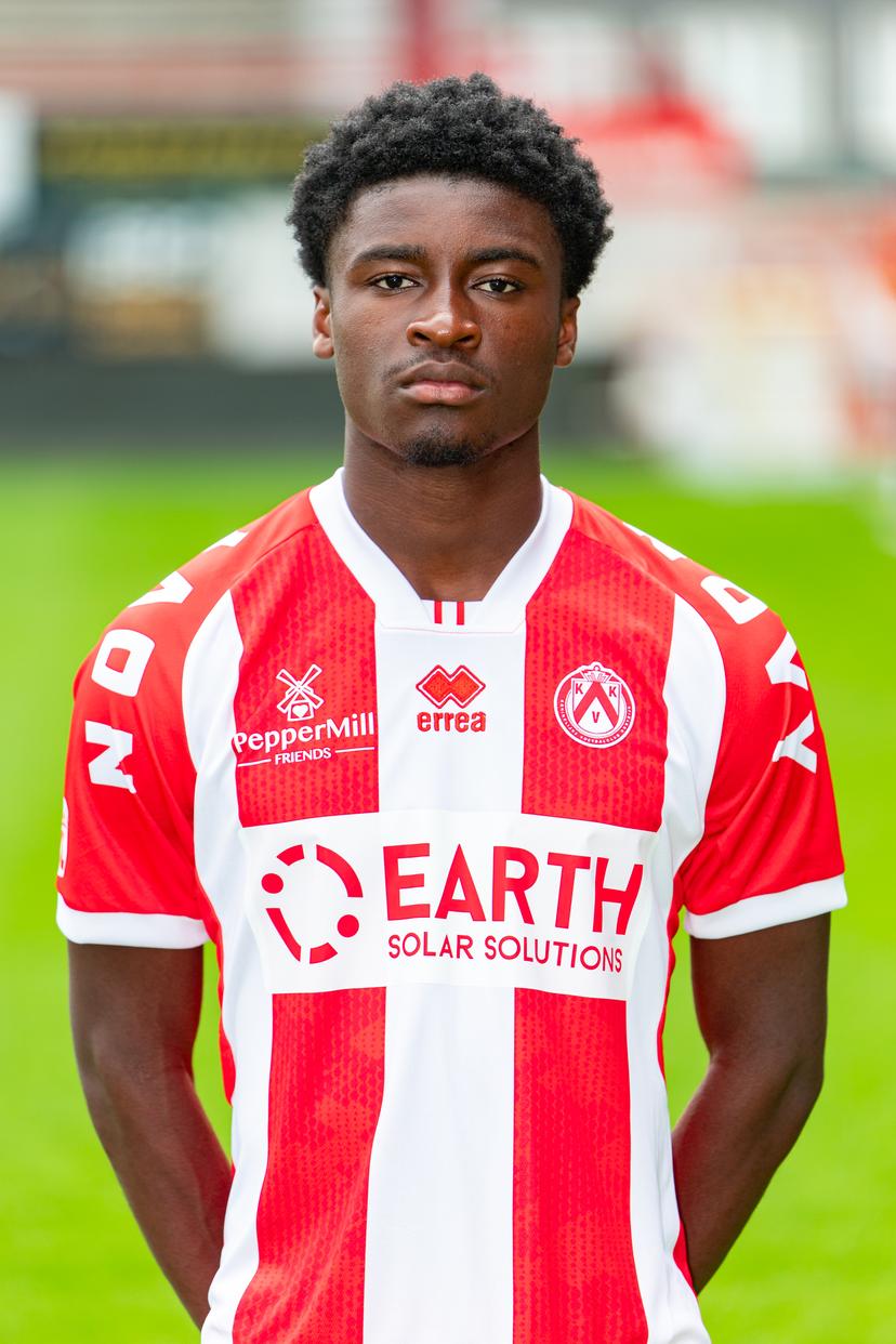 Kortrijk's Wirsiy Nsolo Fuhna poses for a portrait picture at the 2025-2026 season photoshoot of Belgian soccer team KV Kortrijk, Wednesday 30 July 2025 in Kortrijk. BELGA PHOTO KURT DESPLENTER
