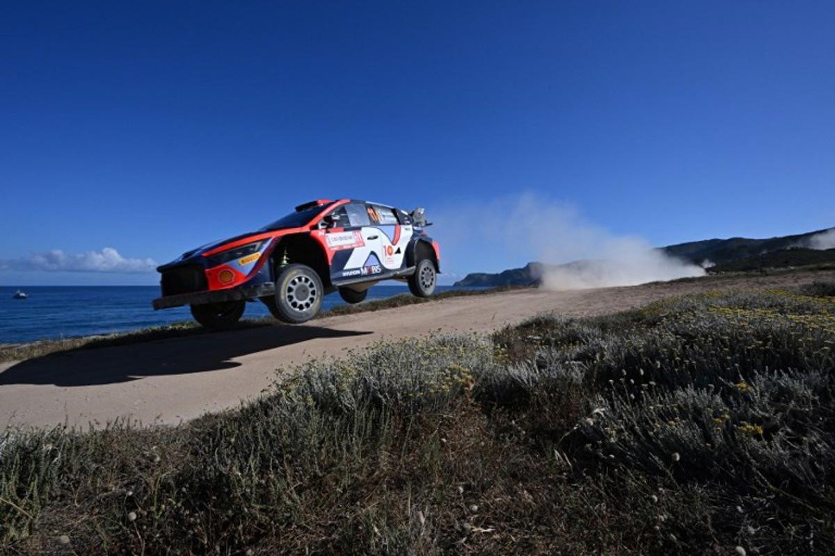 Belgium driver Thierry Neuville steers his Hyundai assisted by his co-driver Martijn Wydaeghe, on June 2, 2024 during the SS14 special between Sassari and Argentiera, of the Rally of Sardegna, 5th round of the FIA World Rally Championship. Andreas SOLARO / AFP