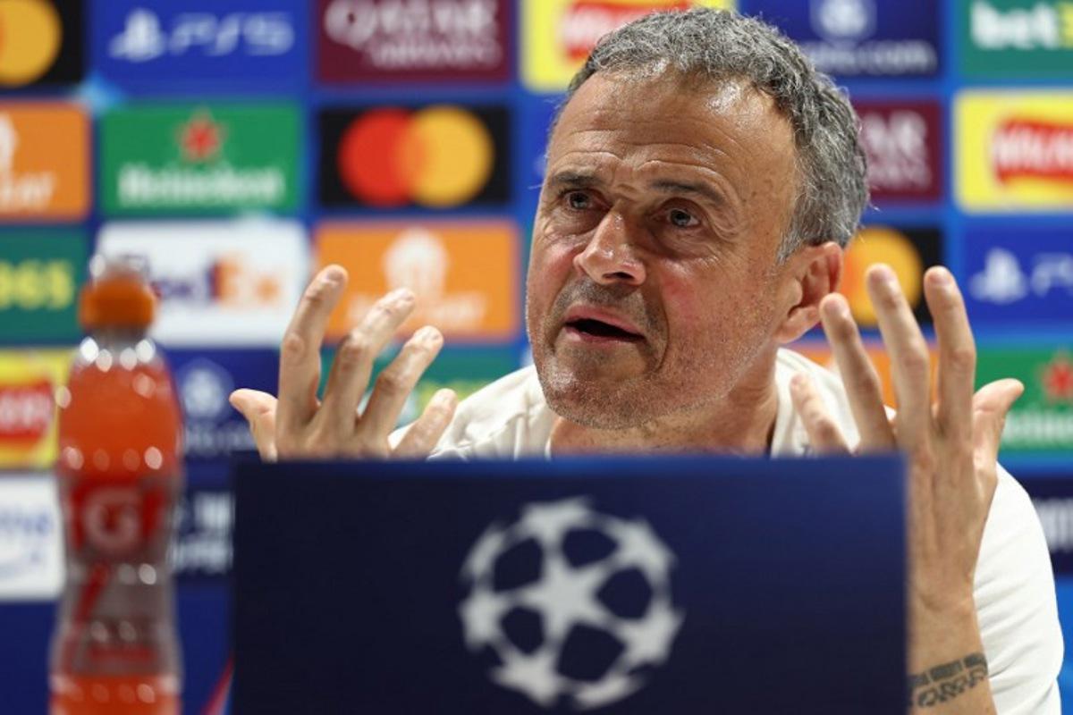Paris Saint-Germain's Spanish head coach Luis Enrique reacts during a press conference at the Emirates Stadium in London, on April 28, 2025, on the eve of their UEFA Champions League semi-final first leg football match against Arsenal. FRANCK FIFE / AFP
