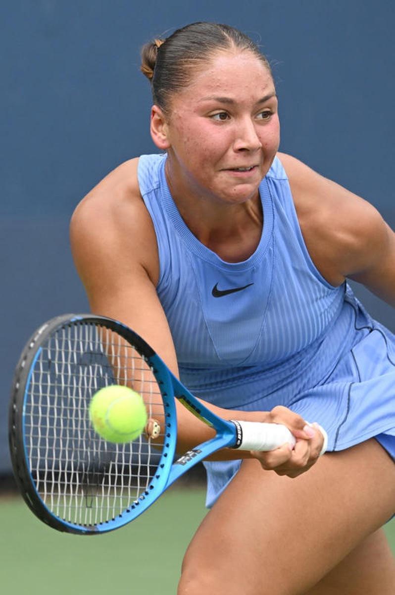 Sofia Costoulas of Belgium competes against Katie Volynets of the United States during the Women's Qualifying Singles 1st round at the USTA Billie Jean King National Tennis Center in Flushing Meadow-Corona Park, in the Queens borough of New York, NY, August 18, 2025. (Photo by Anthony Behar/SipaUSA)