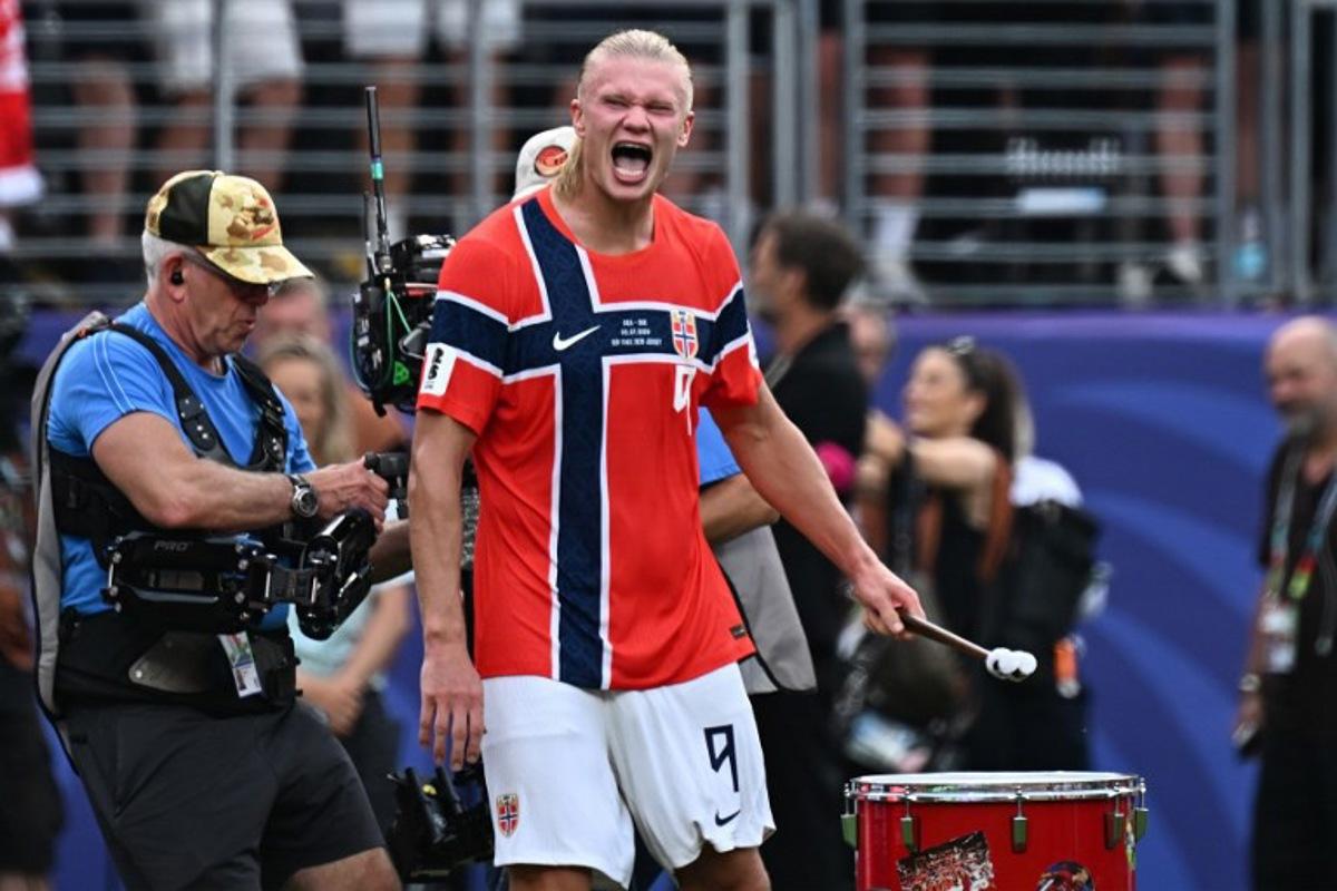 Norway's forward #09 Erling Braut Haaland celebrates after winning the 2026 World Cup round of 16 football match between Brazil and Norway at the New York/New Jersey Stadium in East Rutherford on July 5, 2026. Jewel SAMAD / AFP