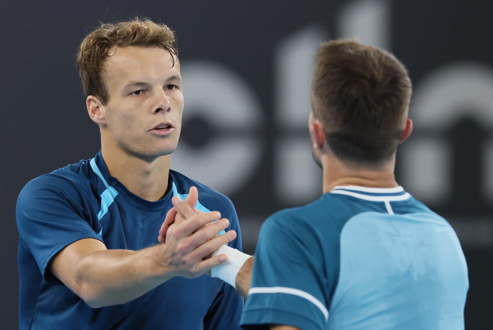 Belgian Michael Geerts pictured at a tennis match against Canadian Diez, a qualification for the men's singles at the BW Open ATP Challenger 125 tournament, in Louvain-la-Neuve, Monday 22 January 2024. THE BW Open takes place from 22 to 28 January. BELGA PHOTO BENOIT DOPPAGNE