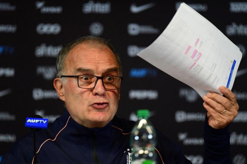 Uruguay's Argentine head coach Marcelo Bielsa gestures during a press conference at the Centenario Stadium in Montevideo on June 30, 2026. Dante FERNANDEZ / AFP