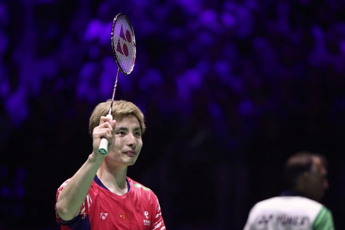 China's Shi Yu Qi celebrates after beating Canada's Victor Lai in the men's semi-final match at the Badminton BWF World Championships at the Adidas Arena in Paris, on August 30, 2025. Thibaud MORITZ / AFP