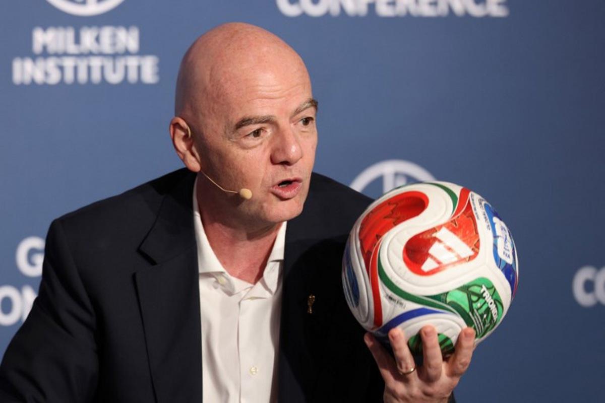 FIFA President Gianni Infantino speaks during the 29th annual Milken Institute Global Conference at the Beverly Hilton in Beverly Hills, California on May 5, 2026. Patrick T. Fallon / AFP