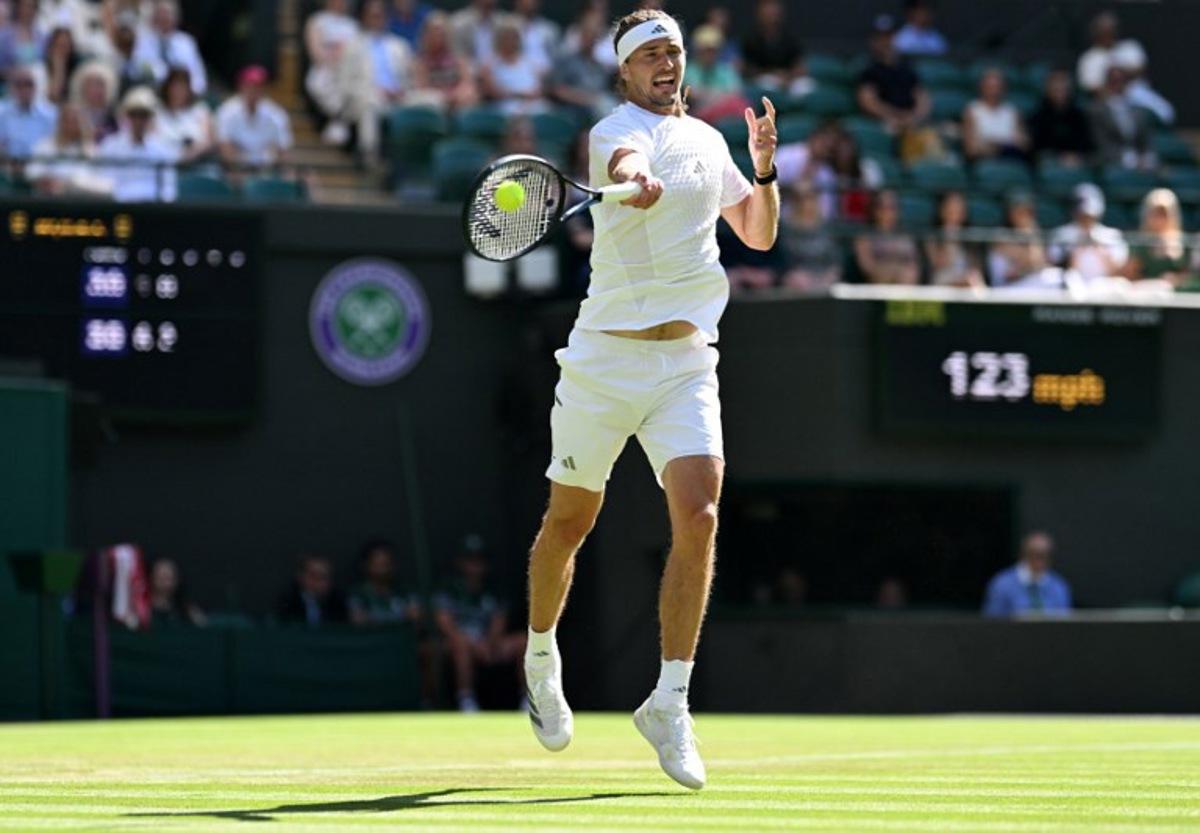Germany's Alexander Zverev returns to France's Valentin Royer during their men's singles second round tennis match on the fourth day of the 2026 Wimbledon Championships at The All England Lawn Tennis and Croquet Club in Wimbledon, southwest London, on July 2, 2026. Kirill KUDRYAVTSEV / AFP