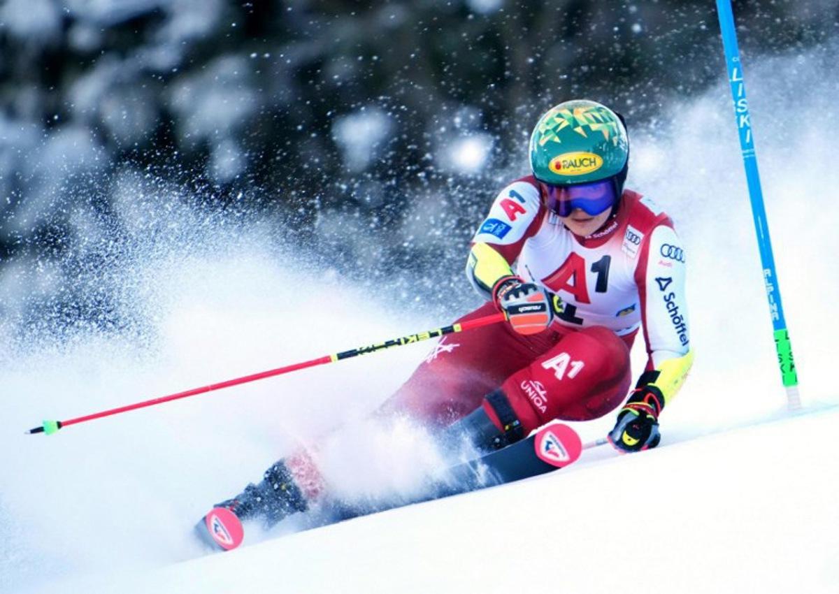 Austria's Julia Scheib competes during the women's giant slalom event of the FIS Alpine Ski World Cup in Semmering, Austria on December 27, 2025. GEORG HOCHMUTH / APA / AFP