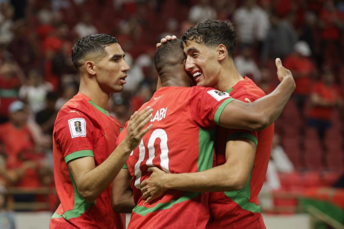 Morocco's forward Ayoub El Kaabi celebrates scoring with his teammates during the FIFA World Cup 2026 Group E African qualification football match between Morocco and Niger at the Prince Moulay Abdellah Sports Complex in Rabat on September 5, 2025. Abdel Majid BZIOUAT / AFP