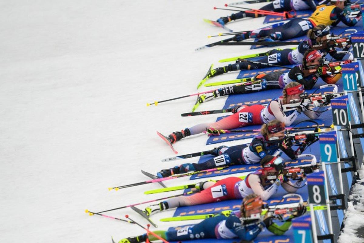 Biathletes compete at the shooting range during the women's 12,5 km mass start event of the Biathlon World Cup in Holmenkollen, Oslo on March 2, 2024. Javad Parsa / NTB / AFP