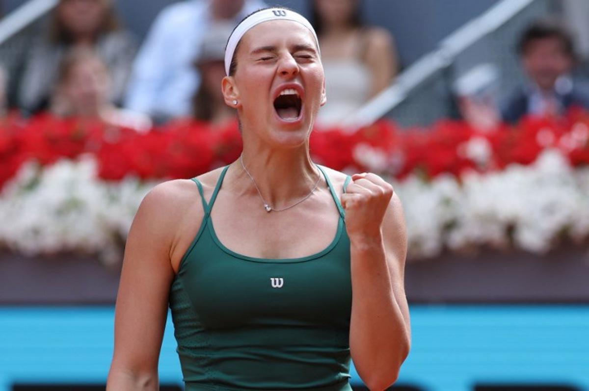 Ukraine's Marta Kostyuk reacts as she plays against Russia's Mirra Andreeva during the 2026 WTA Tour Madrid Open tennis tournament final singles match at the Caja Magica in Madrid, on May 2, 2026. Thomas COEX / AFP