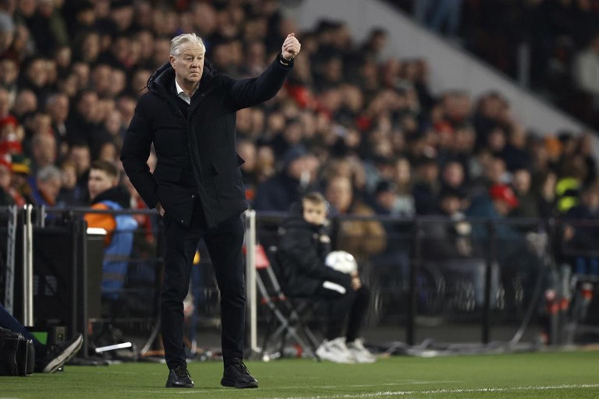 Willem II Belgian coach Peter Maes gestures from the techincal area during the Dutch Eredivisie match between PSV Eindhoven and Willem II at the Phillips Stadium in Eindhoven on February 8, 2025. MAURICE VAN STEEN / ANP / AFP