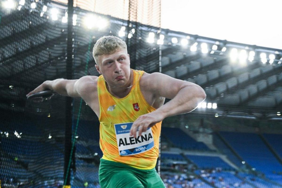 Lithuania's Mykolas Alekna competes in the men's discus throw event of the Diamond League athletics meeting at the Olympic stadium in Rome on August 30, 2024. Tiziana FABI / AFP