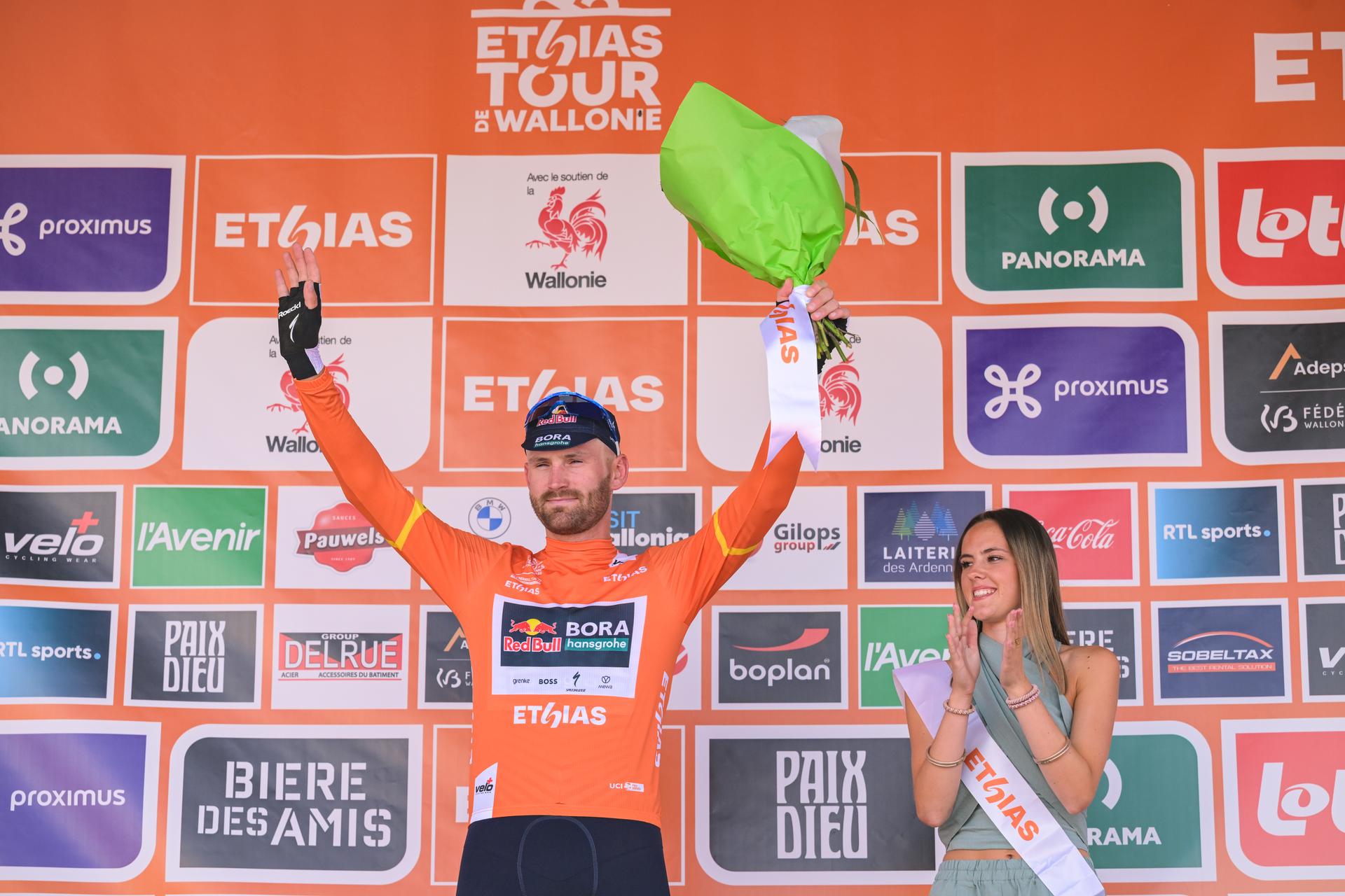 Belgian Jordi Meeus of Red Bull-BORA-hansgrohe pictured on the podium after the first stage of the Tour De Wallonie cycling race, 180,7 km from Manage to Lobbes, on Monday 01 June 2026. BELGA PHOTO DAVID PINTENS