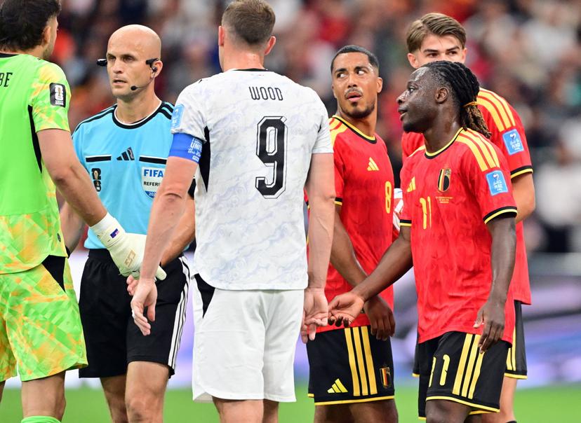 referee Adham Makhadmeh and Belgium's Jeremy Doku pictured during a soccer game between Belgian national team Red Devils and New Zealand, on Friday 26 June 2026, at the BC Place Vancouver stadium in Vancouver, Canada, the third game in the group stage of the FIFA World Cup 2026. The Diables Rouges - Rode Duivels were drawn into Group G. BELGA PHOTO DIRK WAEM