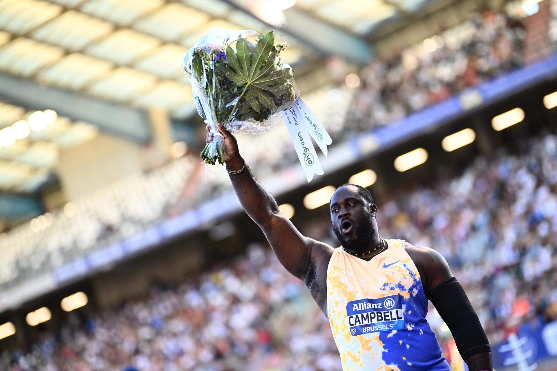 Jamaican Rajindra Campbell celebrates after winning the shot put event at the 50th edition of the Memorial Van Damme Diamond League athletics event in Brussels, Saturday 5 September 2026. BELGA PHOTO JASPER JACOBS