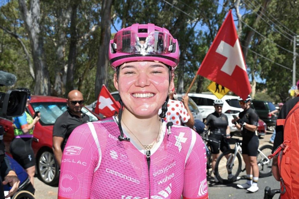EF Education - Oatly rider Noemi Ruegg of Switzerland celebrates winning the final stage three of the women's 2026 Tour Down Under cycling race in Adelaide on January 19, 2026. Brenton Edwards / AFP