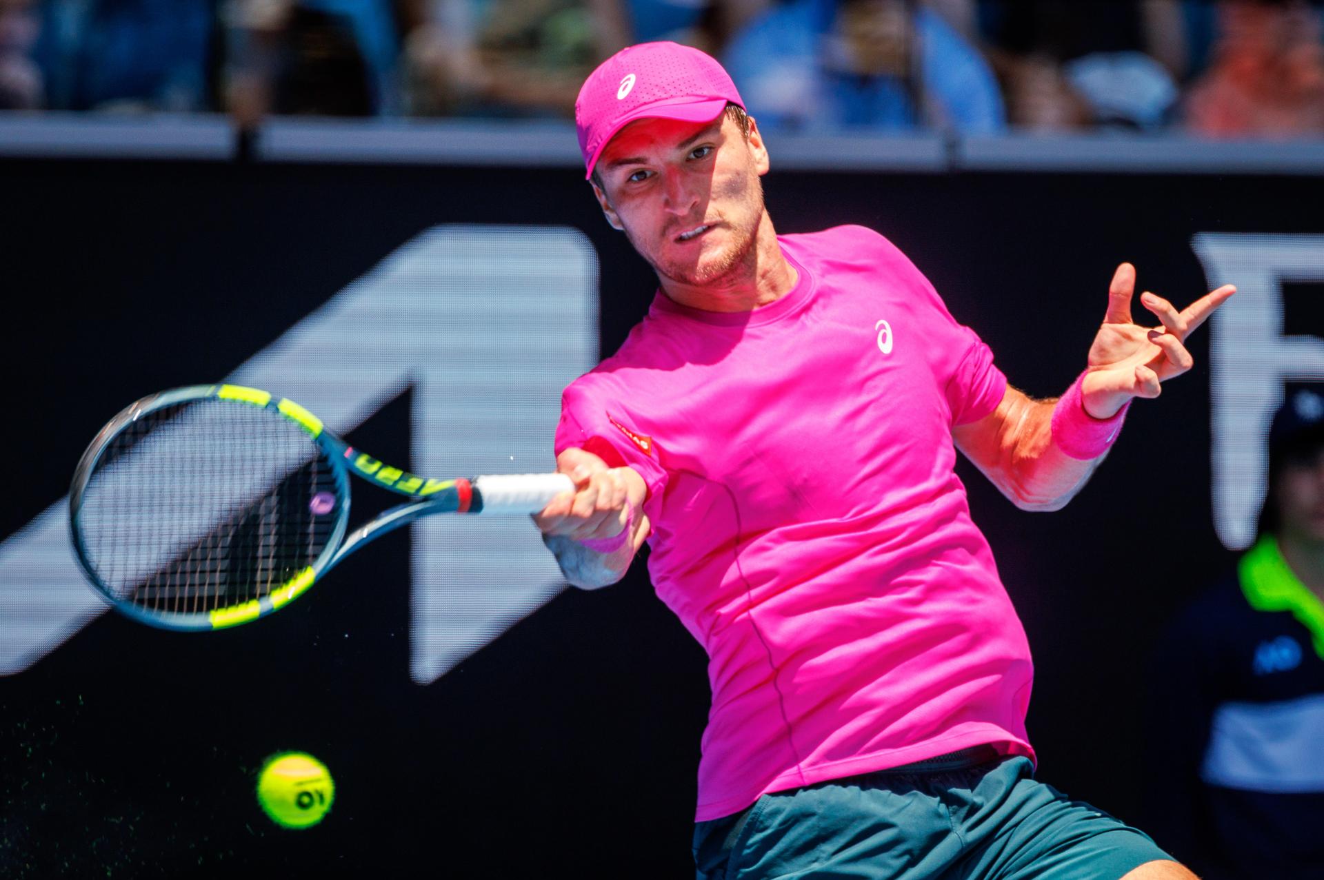 Belgium's Raphael Collignon (ATP 72) pictured in action during a first round match against Italy's Musetti (ATP 5) in the men singles at the Australian Open, Melbourne Park, Melbourne on Tuesday 20 January 2026. BELGA PHOTO PATRICK HAMILTON --- BENELUX ONLY ---