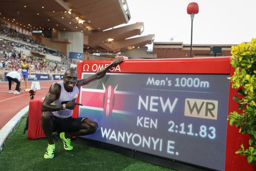 Kenya's Emmanuel Wanyonyi celebrates after setting a new World Record in the men's 1000m during the Diamond League athletics meeting at the Stade Louis II in Monaco on July 10, 2026. Valery HACHE / AFP