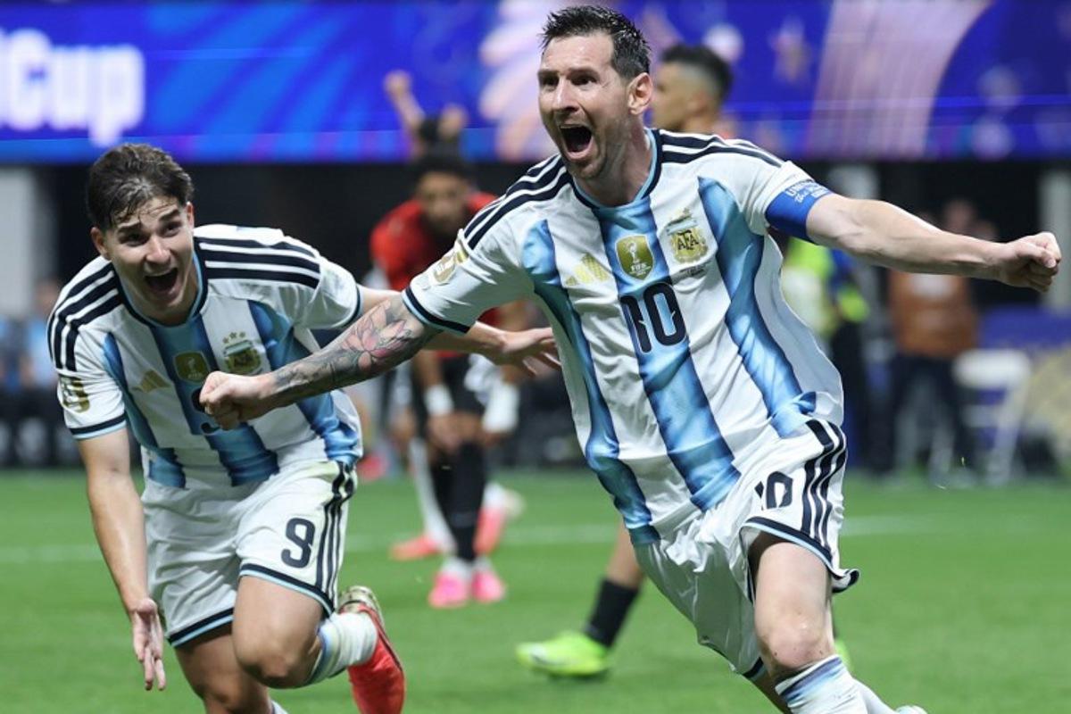 Argentina's forward #10 Lionel Messi celebrates scoring his team's second goal during the 2026 World Cup round of 16 football match between Argentina and Egypt at Atlanta Stadium in Atlanta on July 7, 2026. Thomas COEX / AFP
