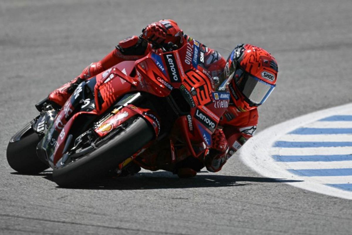 Ducati Lenovo Team's Spanish rider Marc Marquez (93) rounds a corner during the MotoGP Spanish Grand Prix Sprint race at the Jerez racetrack in Jerez de la Frontera, on April 26, 2025. JAVIER SORIANO / AFP
